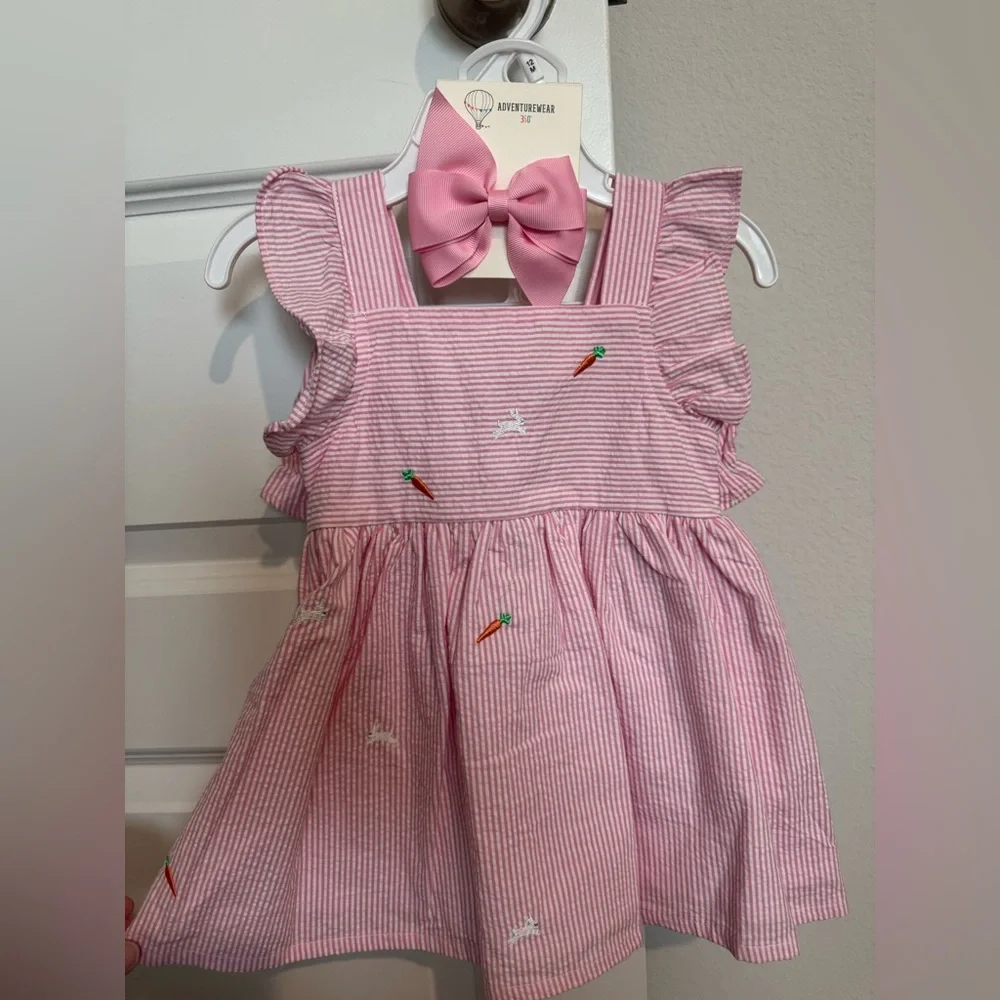 Easter Pink Striped Seersucker Kids Dress with Bow and Bloomers - NWT - Picture 1 of 6